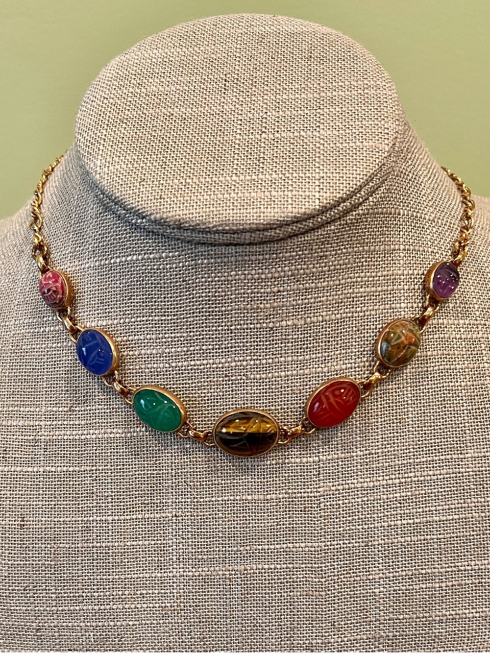 Vintage GMS 1/20th 12k Gold Fill Multi Gemstone Scarab Necklace 16"